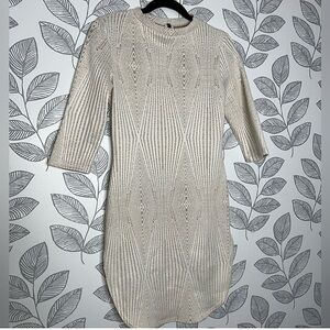 Codigo USA Vintage Dress L Cream 3/4 Sleeve‎ Bodycon Stretch Eyelet Crochet Look